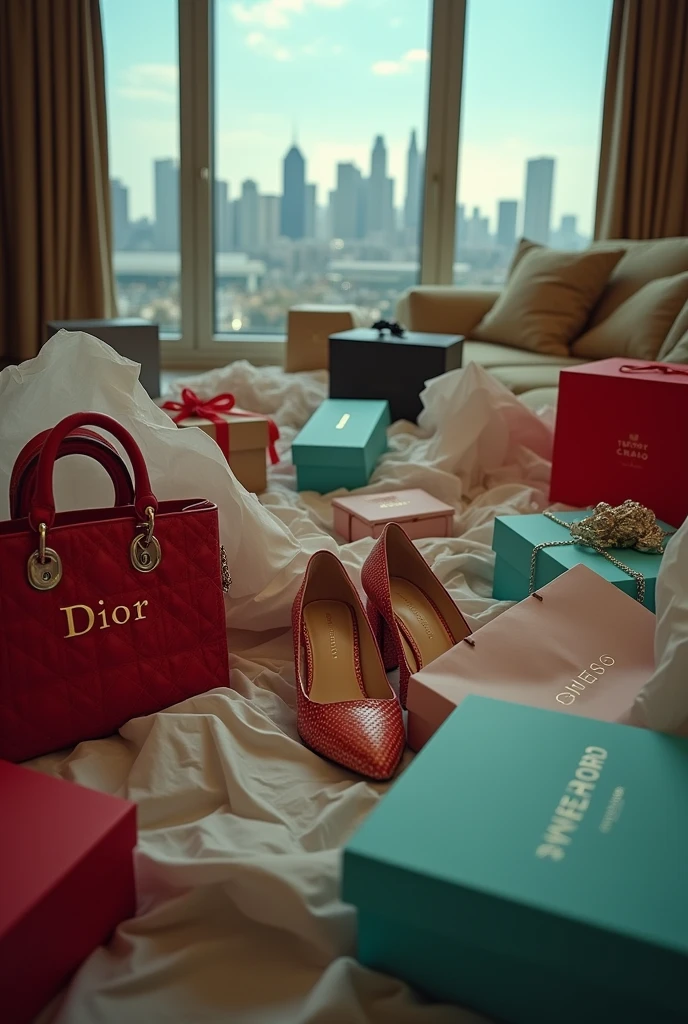 Cinematic movie still of what a penthouse suite in Beverly Hills looks like after a huge Rodeo Drive shopping trip, shopping bags, tissue paper, clothing boxes all strewn about, cluttered, Burberry, Sephora, agent Provocateur, red Lady Dior handbag, small blue Tiffany's box, Tom Ford, Jimmy Choo shoe box