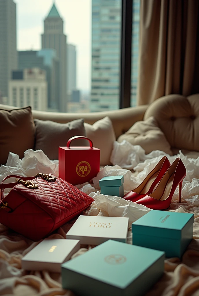Cinematic movie still of what a penthouse suite in Beverly Hills looks like after a huge Rodeo Drive shopping trip, shopping bags, tissue paper, clothing boxes all strewn about, cluttered, Burberry, Sephora, agent Provocateur, red Lady Dior handbag, small blue Tiffany's box, Tom Ford, Jimmy Choo shoe box