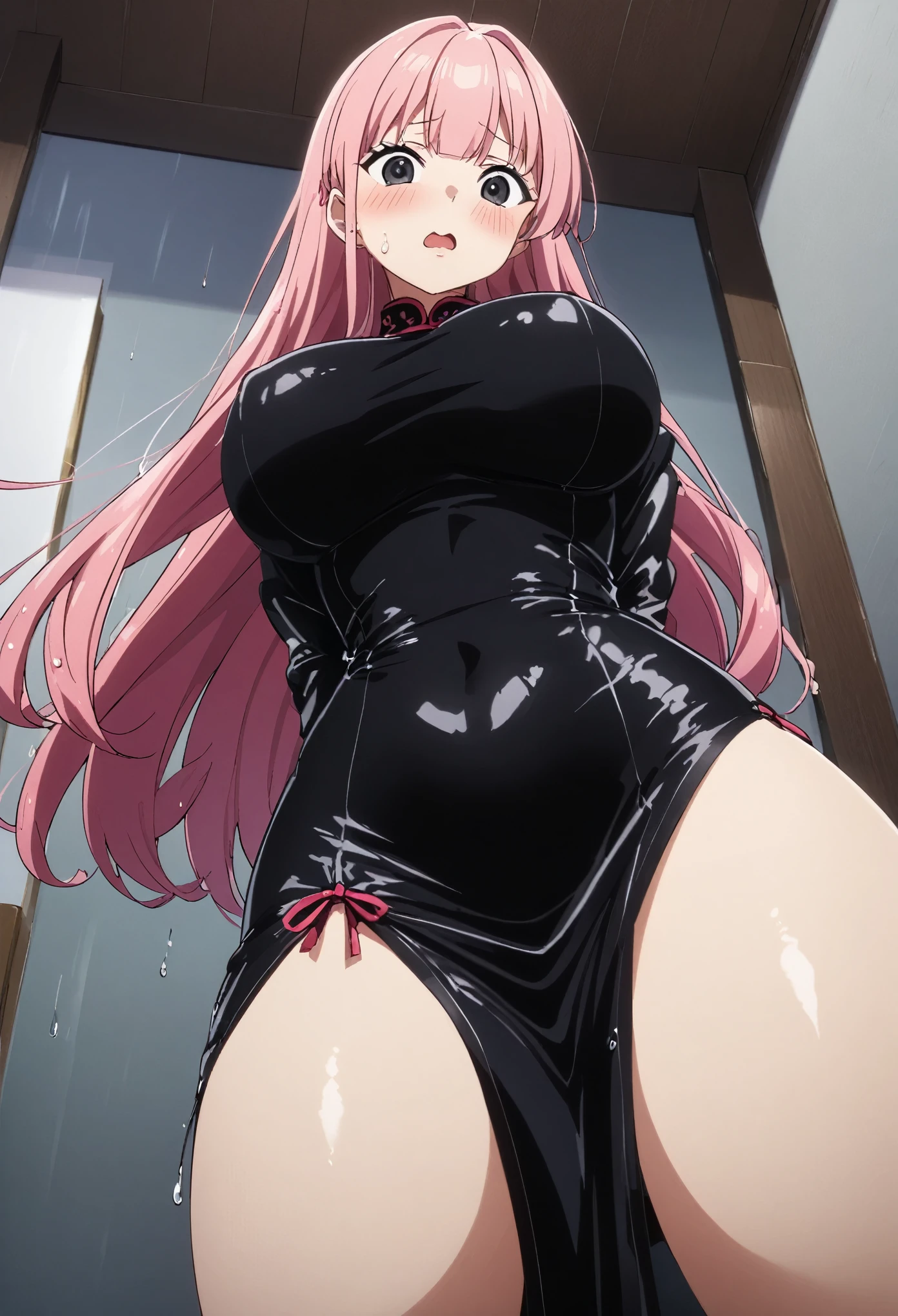 score_9, score_8_up, score_7_up, source_anime, best quality, clear face, Perona, pink hair, black eyes, long hair, large breasts, thick thighs, perfect body, standing, looking at viewer, shocked, china dress, black clothes, dynamic angle, indoor, wet clothes,blushing,embrassed,see though clothes,big boob,hands behind back, view from below,bend over,ripped clothes, cleavage,sideboob, alone,