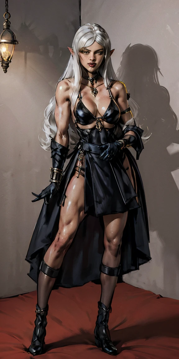 full body standing straight bareoot, long hair, triplets, holding hands on bed, sleeping together, superheroine micro bikini, SFW girl, CHEST COVER, super y. best quality, realistic photo, cowboy shot, bedroom background, bed, sheet, pillow (Lysithea von Ordelia) (yellow eyes) white hair, silver hair, very long hair, straight hair, solo, adult woman, tall, slightly muscular, large bre cleavage,cted waist, toned body, slight abs, thin dark skin, pointy ears, lipstick, makeup, black eyeshadow, circlet, white short dress, jewelry, bracelet, white gloves
