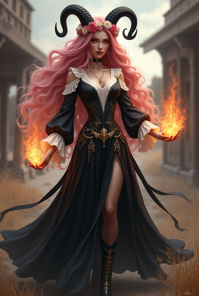 I would like a  woman with voluminous pink ,curly hair with white tips. She has black horns on her head with a flower crown around them, red eyes, and a beautiful face. She is wearing a black long dress with white ruffles and gold details, high heels, and holding fire in her hands.I would like it to be in a mature style, with the art in a fantasy and RPG style set in the Old West.