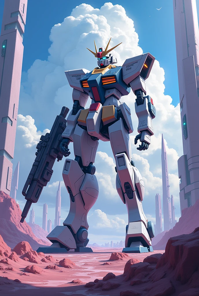 sky, clouds, tenure_weapon, No_humans, glow, robot, architecture, bright_eyes, mecha, Science fiction, city, reality, mecha, Whole body