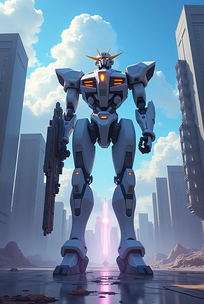 sky, clouds, tenure_weapon, No_humans, glow, robot, architecture, bright_eyes, mecha, Science fiction, city, reality, mecha, Whole body
