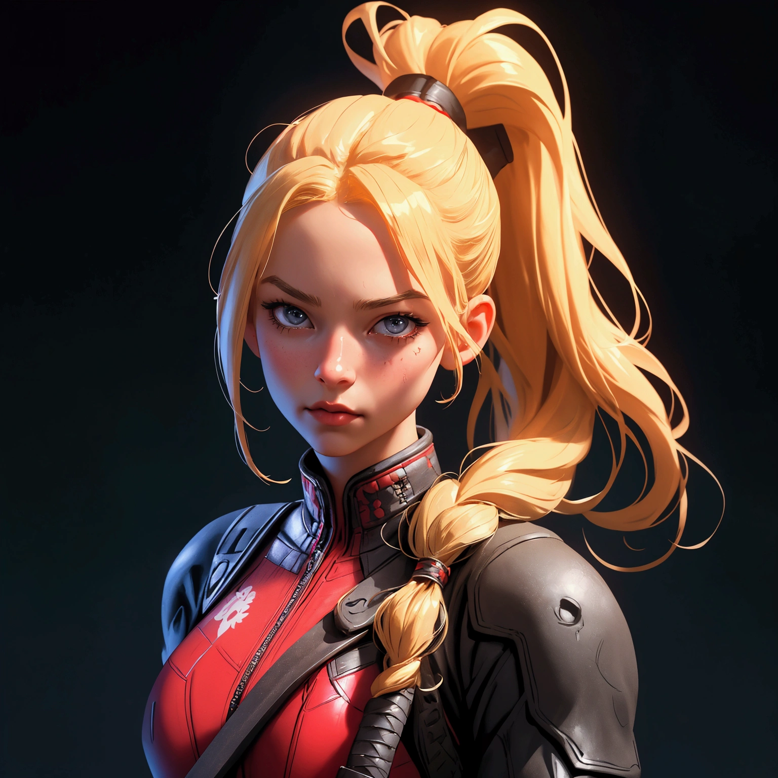 envision a 8k, highres, cinematic, close up portrait of an American girl with long blonde hair in a ponytail in a deadpool suit with katanas against a dark gray background