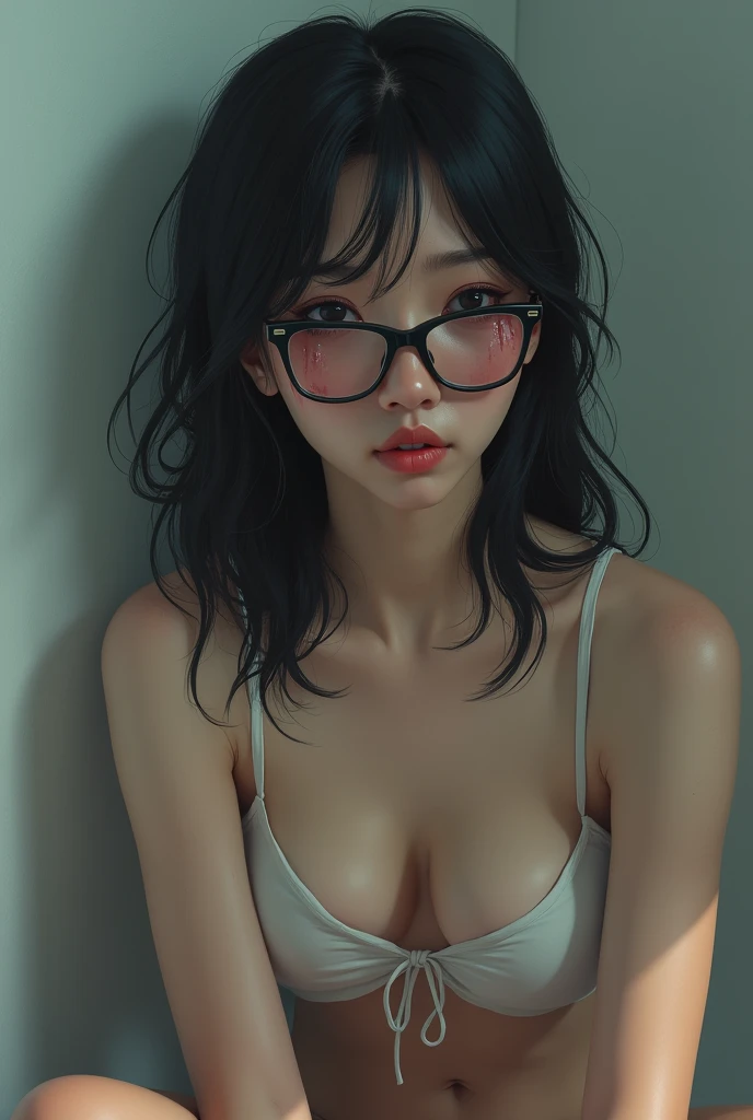 Asian women's underwear, glasses and makeup smeared from crying