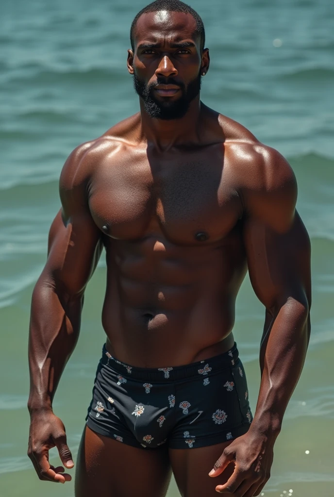 Very strong black man in swimming trunks with his penis marked
