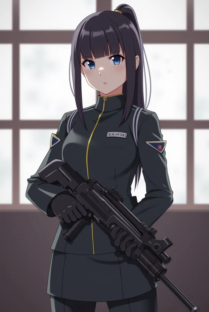 girl in uniform holding a gun and looking out a window, (ponytail forehead hair pulled back:1.3), (black hair:1.3), anime style, from girls frontline, fine details. girls frontline, girls frontline universe, girls frontline style, girls frontline, girls frontline cg, 2 0 2 2 anime style, 2022 anime style, pixiv contest winner, concept art 2022, with rifle, door gunner, 