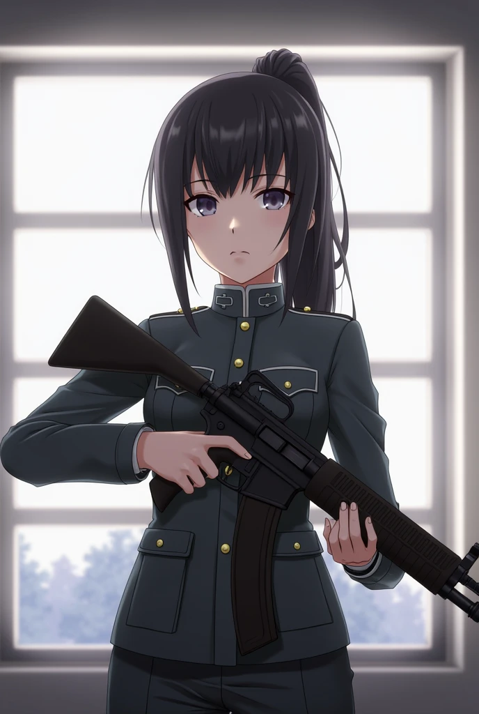 girl in uniform holding a gun and looking out a window, (ponytail forehead hair pulled back:1.3), (black hair:1.3), anime style, from girls frontline, fine details. girls frontline, girls frontline universe, girls frontline style, girls frontline, girls frontline cg, 2 0 2 2 anime style, 2022 anime style, pixiv contest winner, concept art 2022, with rifle, door gunner,