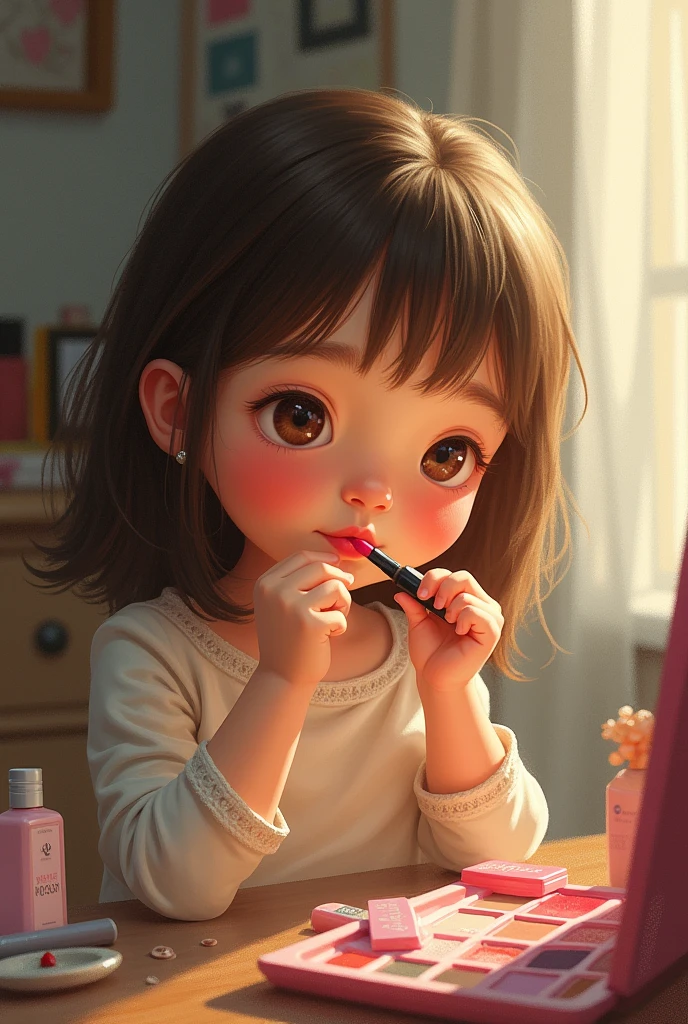 Drawing of a child putting on lipstick