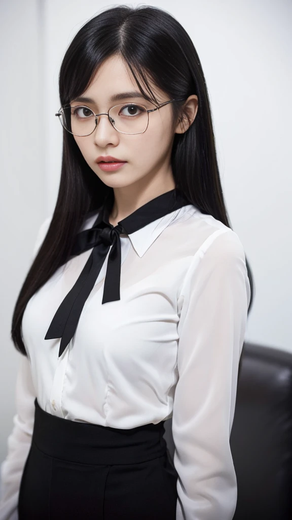 ((best quality)), ((masterpiece)), (detailed), (photorealistic:1.4), best quality, masterpiece, ultra high res, 1girl, (detailed face:1.2), (detailed eyes:1.2), (detailed hair:1.2), (detailed clothes:1.2), 4k, (detailed color:1.2), perfect face, beautiful body, pretty face, teenager female, perfect body, Ultra-high detail, Photorealism, Intimate atmosphere, flowing light, black straight hair, ponytail, glasses, wear a black coat, black skirt, unbuttoned coat, sit on the table, office room, facing at viewer,(((See-through))),large full breasts、Spread your legs apar(((no good))),(((not bread))),