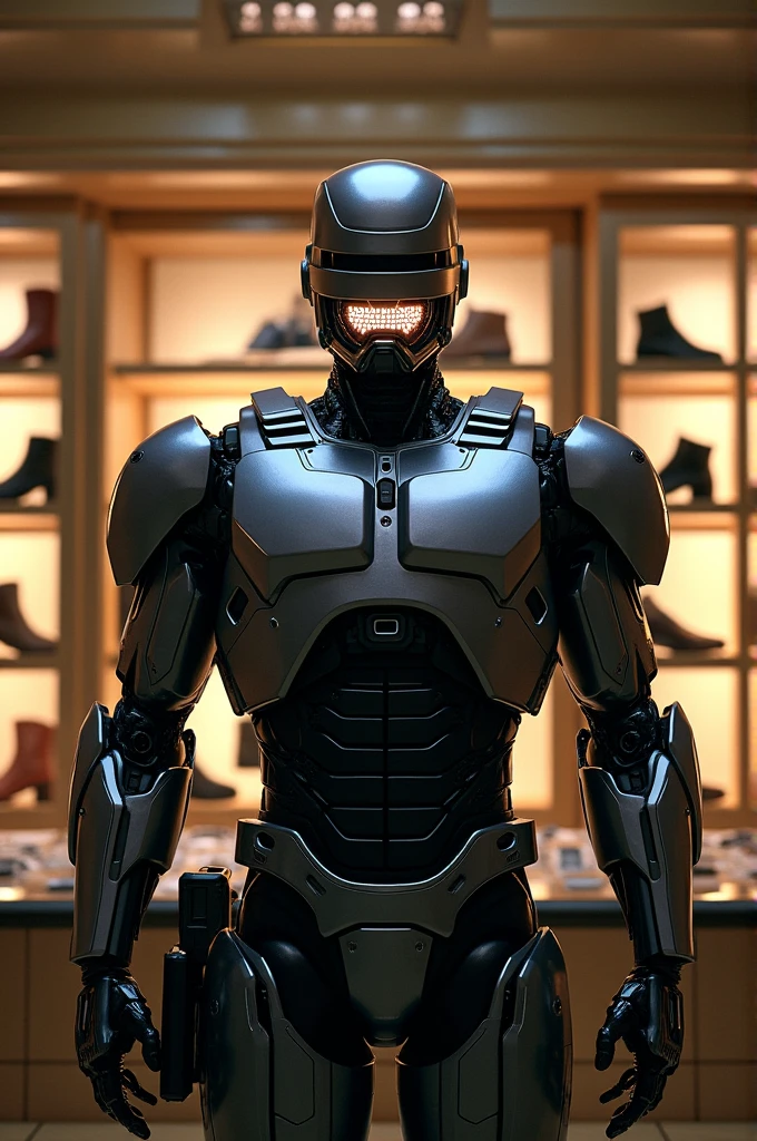 Give me images of Robocop smiling at the camera with diamond grillz-style teeth and an expensive shoe store in the background