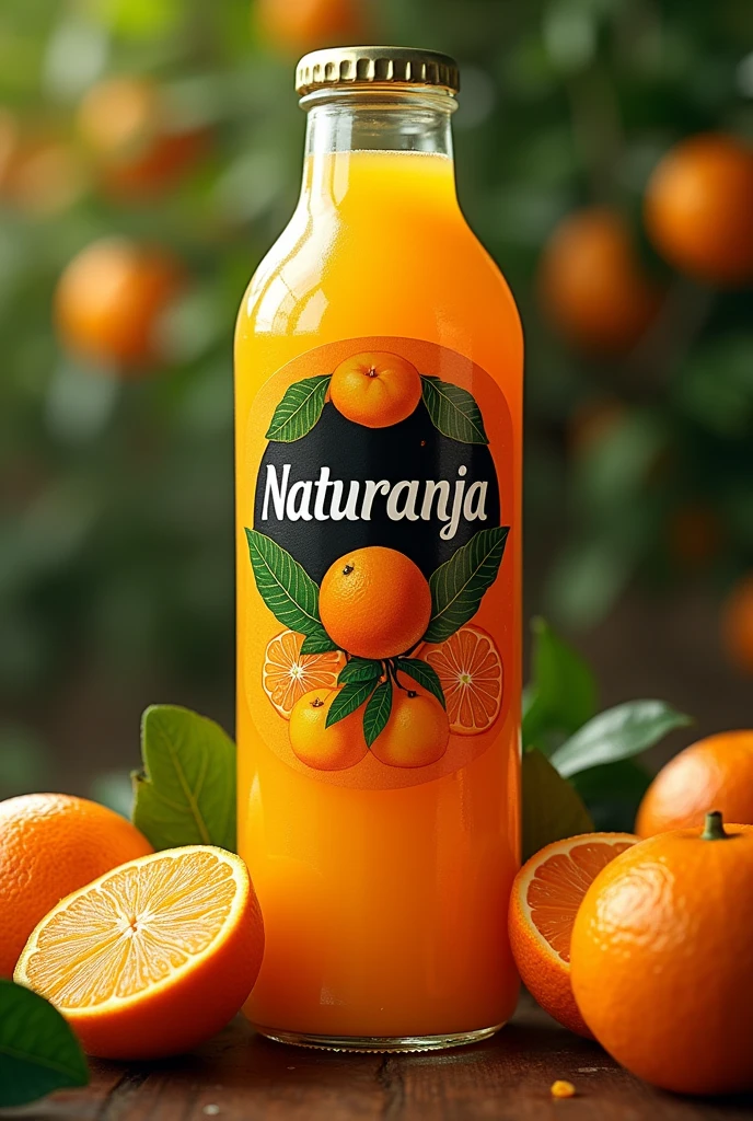 Give me a logo of a juice brand that says “NATURANJA” and highlights the orange and black colors, In addition to the orange orchards and oranges