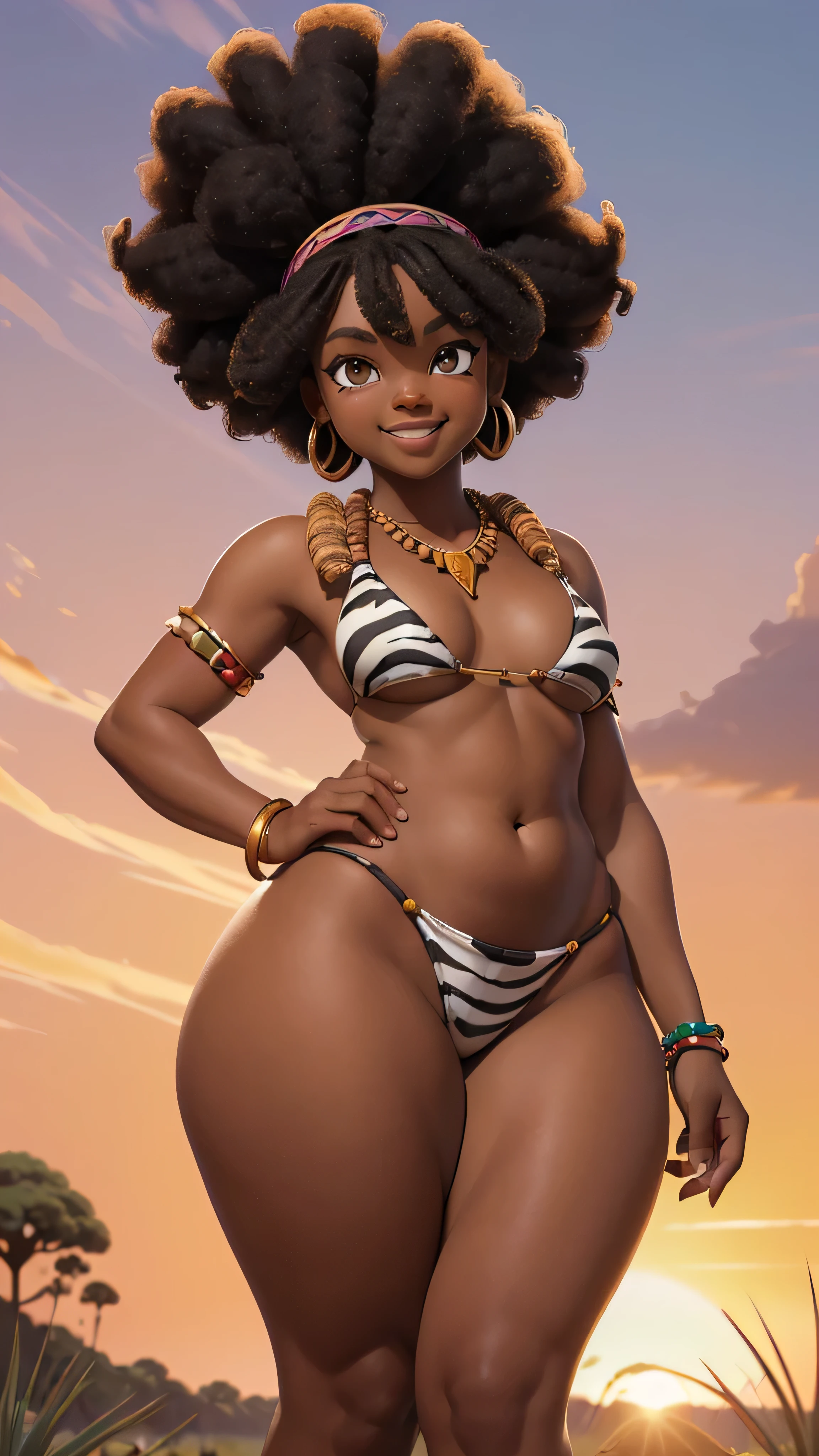 (((Jackie Parris))), (((Simon Bisley))), (((Frank Frazetta))), ((((absurdists))), (((best quality))), (((masterpiece))), (((thicc))), (((afro hair))), small, chubby, wide hipped,  African girl, flat chest, Zulu warrior of the middle ages, white war paintings on body, perfect and proportional body, white and pink zebra print, big black afro hair, black-skinned savanna warrior wearing very few clothes and many necklaces and body adornments, tiny bikini made of African beads and gemstones, sandals, smiling,, grass hut, sunset