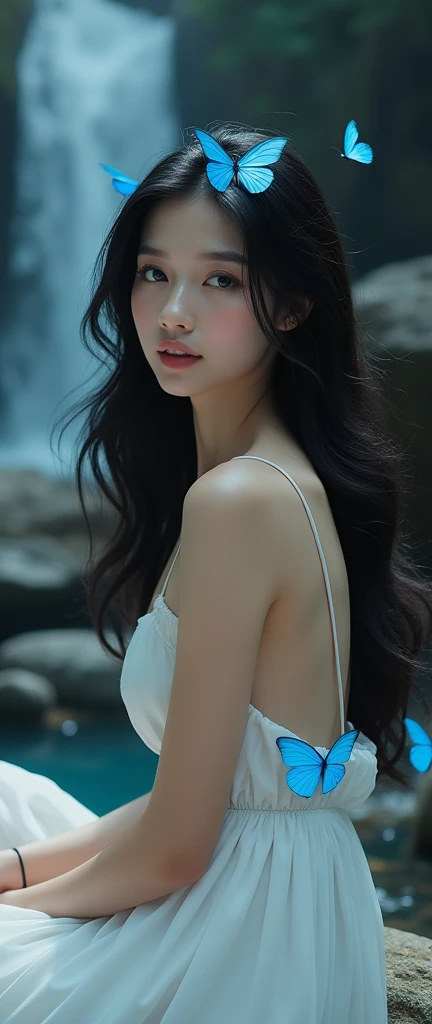 (masterpiece:1.2,Distinguished Quality,Mirror-like,Cinematic Experienc),8k,(A face with attention to detail,detailed skin texture,beautiFul skin), A woman with jet black hair, long and wavy, beautiful face, Porcelain skin, defined jaw. Long eyelashes and blue eyes, Red lips, She looks at the blue butterflies that are around her. She looks at them with a curious expression and a small smile., She is sitting on a rock next to a waterfall, with a white dress.