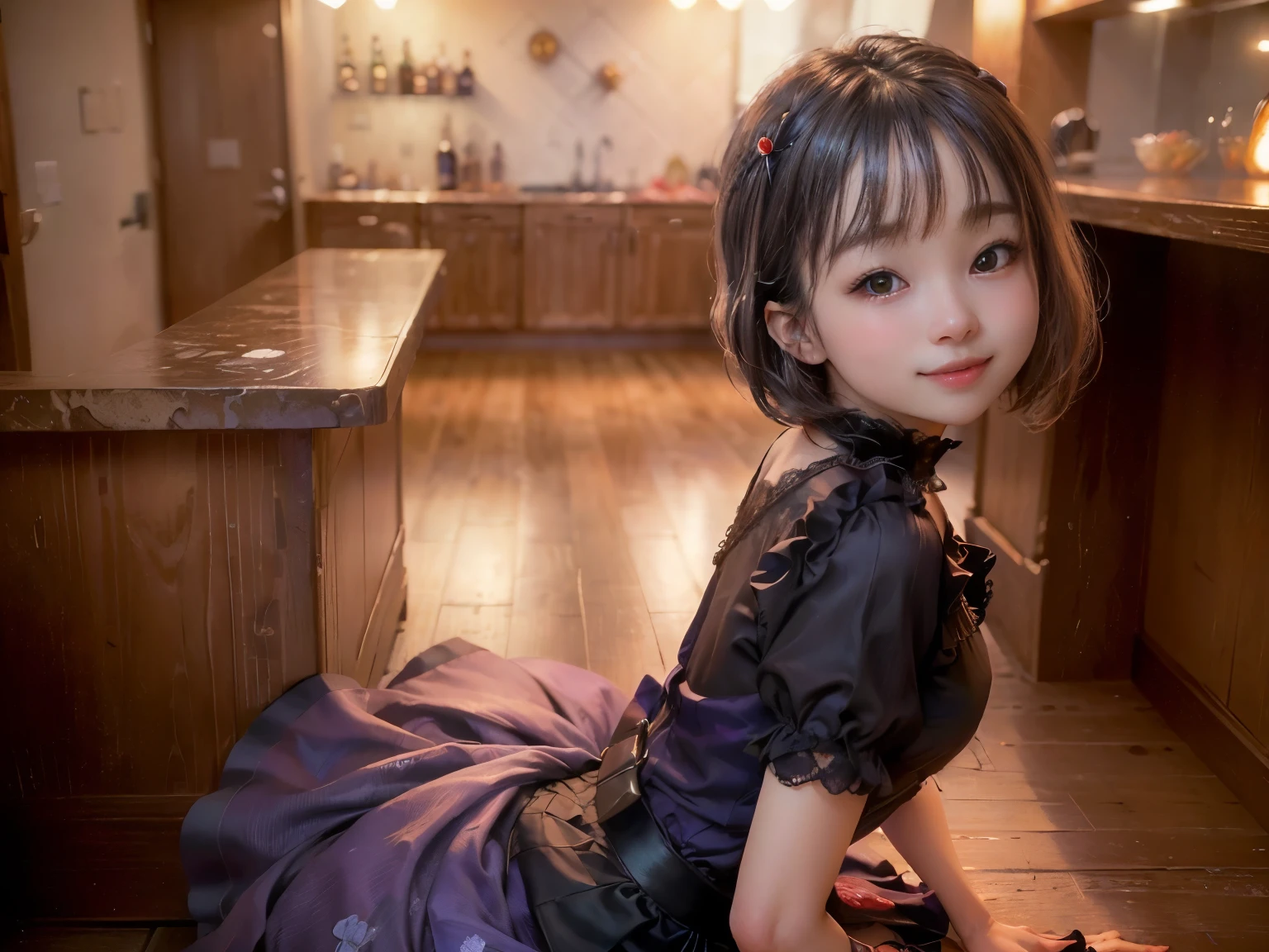 (Highest quality, masterpiece, Ultra-high resolution, 8k, RAW Photos, Realistic, Anatomically correct:1.5), 20-year-old girl:1.2, Embarrassing, avert your eyes, blush:1.0, View Viewer, ((bar)) 、Large windows、Night view、 Light:1.2, Bokeh, Cinema Lighting:1.0, Depth of written boundary, sharp、 Cute Face、Idol、(Black short sleeve lace top)、(Black tulle skirt)、(Purple clothes)、”dwarf”、(Full Body Shot)、(Side angle)、Cowboy Shot、( smile)、((Ultra short hair、Berry Short))、(Straight bangs)、((See-through))、(( One woman))、look back、I can see your belly button、