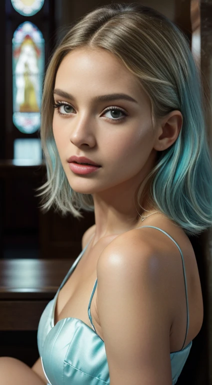 Best quality, masterpiece, ultra high res, (photorealistic:1.5), raw photo, 1girl in the dark, deep shadow, low key, cold light, sexy look, Raw photography Highly detailed description ultra detailed, ultra realistic, girl with golden white hair, publishing hair, sholder-lenth hair , sitting on the bench, looking at viewers, ultra detailed description,fine hands, five finger, realistic,stunning model, detailed portrait, 1girl, beautiful detailed eyes, beautiful detailed lips, extremely detailed face, long eyelashes, sexy expressions dramatic lighting, atmospheric, Cinematic , luxuriant eyes lashes , glossy lips ,delicate nose and lips ,slim figure,medium breast ,(sexy), very detailed face ,(best quality, masterpiece ), ((wearing light blue and lite green princess dress, patterns ,elegant )), fashionable designed, realistic beautiful and elegant dress, bare sholder, (realistic, photo-realistic:1,37), top quality, masterpiece, A Gorgeous girl ,beautiful and toned body, cleavage body extremely detailed, fine hands,five fingers, perfect body,(best quality:1.0), (ultra higher:1.0), beautiful lighting ,perfect lightning, realistic shadows,detailed skin, ultra-detailed ,high realistic, ,(super cute face) supermodel ,stunning instagram model, stunning posed , masterpiece, best quality, high quality,(delicate eyes and lips ), random poses ,(slim figure) white skin , perfect full body shoot, Kodak photo,full body shot, ((extremely gorgeous girl sitting on the bench in the church )),movie style, cinematic scenes, realistic photography, Burley backgrounds, faded lights, etc , perfect moment photo-shoot , stunning pose ,best quality ,masterpiece high quality HD quality