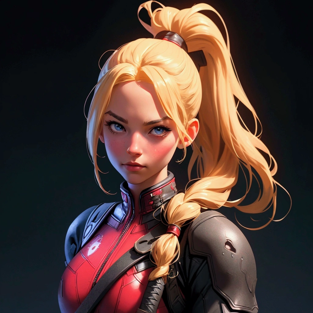 envision a 8k, highres, cinematic, full body of an American girl with long blonde hair in a ponytail in a deadpool suit with katanas against a dark gray background