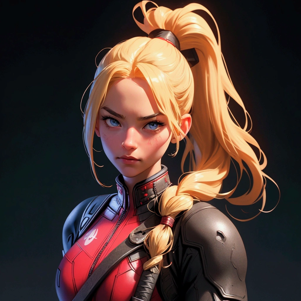 envision a 8k, highres, cinematic, full body of an American girl with long blonde hair in a ponytail in a deadpool suit with katanas against a dark gray background