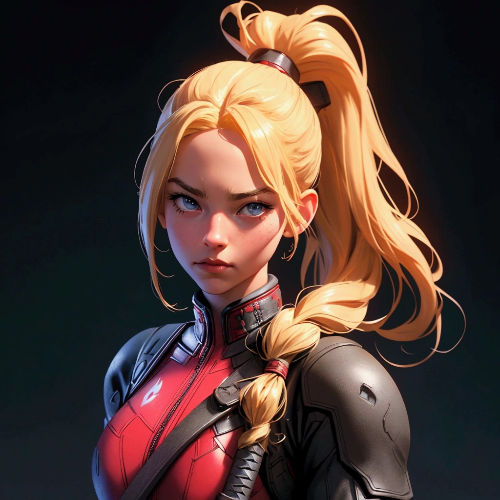 envision a 8k, highres, cinematic, full body of an American girl with long blonde hair in a ponytail in a deadpool suit with katanas against a dark gray background