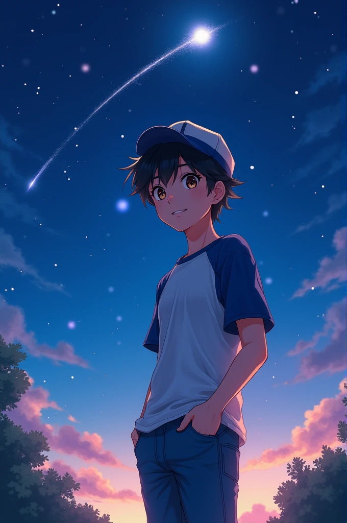
(Ash_pokemom)(Brown eyes, black hair, blue and white t-shirt with jeans, hat )
, readiant smile, in the light of the moon, anime realistic , star , handsome guy , magic moment, 4k , only our , beautiful night, shooting star, smile, smile , looking front , 