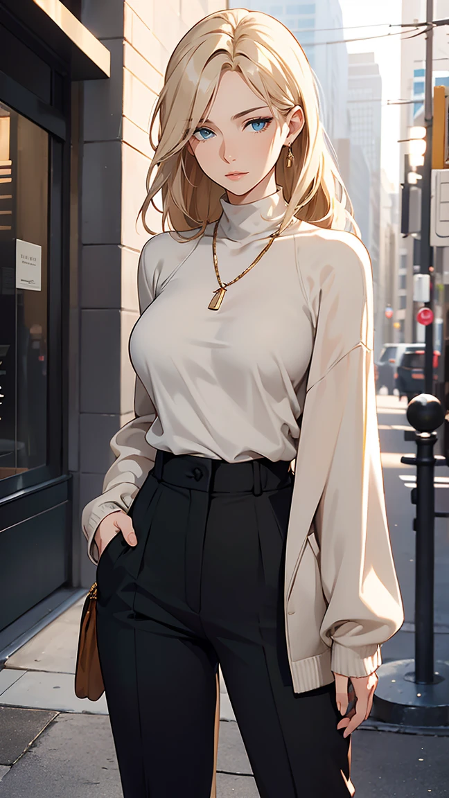 Her blonde, beachy waves frame her face as she steps out in a chic, minimalist outfit. She's wearing a fitted, high-necked black sweater that hugs her slender frame, with the soft fabric contrasting against the tousled texture of her hair. The sweater's long sleeves extend to her wrists, giving her a sleek and streamlined look.
She pairs the sweater with a pair of tailored, charcoal gray trousers that sit comfortably on her hips, the clean lines elongating her legs. The trousers are slightly cropped, revealing a glimpse of her ankles and a pair of pointed black ankle boots that add a touch of edge to her ensemble.
Around her neck, she wears a delicate gold chain necklace, the subtle gleam of the metal catching the light just above the neckline of her sweater. The necklace’s pendant, a small, intricately designed charm, rests lightly against her chest, adding a hint of personal style to her otherwise understated look.
Her muted green eyes stand out even more against the darker tones of her outfit, and her pink lips add a soft contrast, bringing warmth to her overall appearance. The combination of the simple yet sophisticated outfit with her natural, beachy hair gives her a look that is both effortless and polished, perfect for a day out in the city or a casual evening gathering.