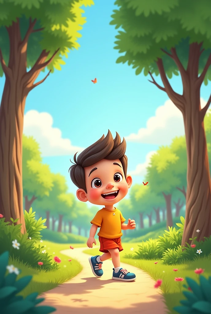 a cartoon boy walking in a park