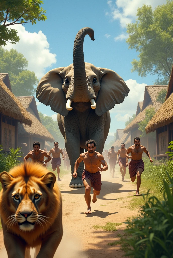 Elephant in a men in running in village with lion