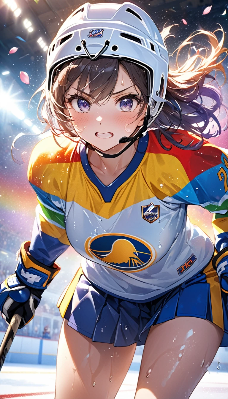 (Sports magazine cover photo), Highest quality, Great quality, 16K, Unbelievably absurd, Very detailed, delicate and dynamic, Natural light, The particles reflect light, Diffuse reflection of light, Many rainbow-colored petals fall, Beautiful hall, Sparkling Sun, Diffuse reflection of light, Create amazing image effects, Hockey girl, Wet, sweating, Ice hockey, Holding hockey stick, Close-up(Cute sexy girl, big bouncing busts, Sensual expression, Cool girl, Serious, passion, Dynamic, Flashy hockey uniform, ,ice hockey helmet, Face guard, audience ,much-air-laden cheer)