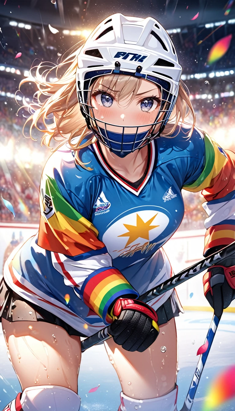 (Sports magazine cover photo), Highest quality, Great quality, 16K, Unbelievably absurd, Very detailed, delicate and dynamic, Natural light, The particles reflect light, Diffuse reflection of light, Many rainbow-colored petals fall, Beautiful hall, Sparkling Sun, Diffuse reflection of light, Create amazing image effects, Hockey girl, Wet, sweating, Ice hockey, Holding hockey stick, Close-up(Cute sexy girl, big bouncing busts, Sensual expression, Cool girl, Serious, passion, Dynamic, Flashy hockey uniform, ,ice hockey helmet, Face guard, audience ,much-air-laden cheer)