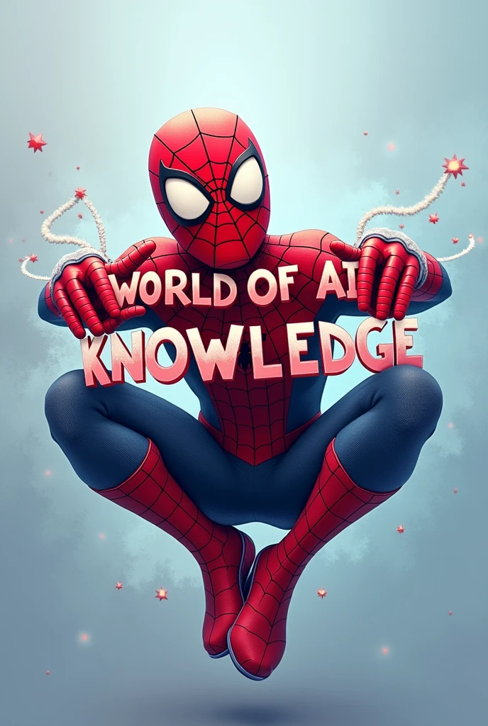 Please create for me a stunning YouTube cover image featuring a fun and humorous Spider-Man hugging the clearly visible text in the center of the frame that says 'World of AI Knowledge.'