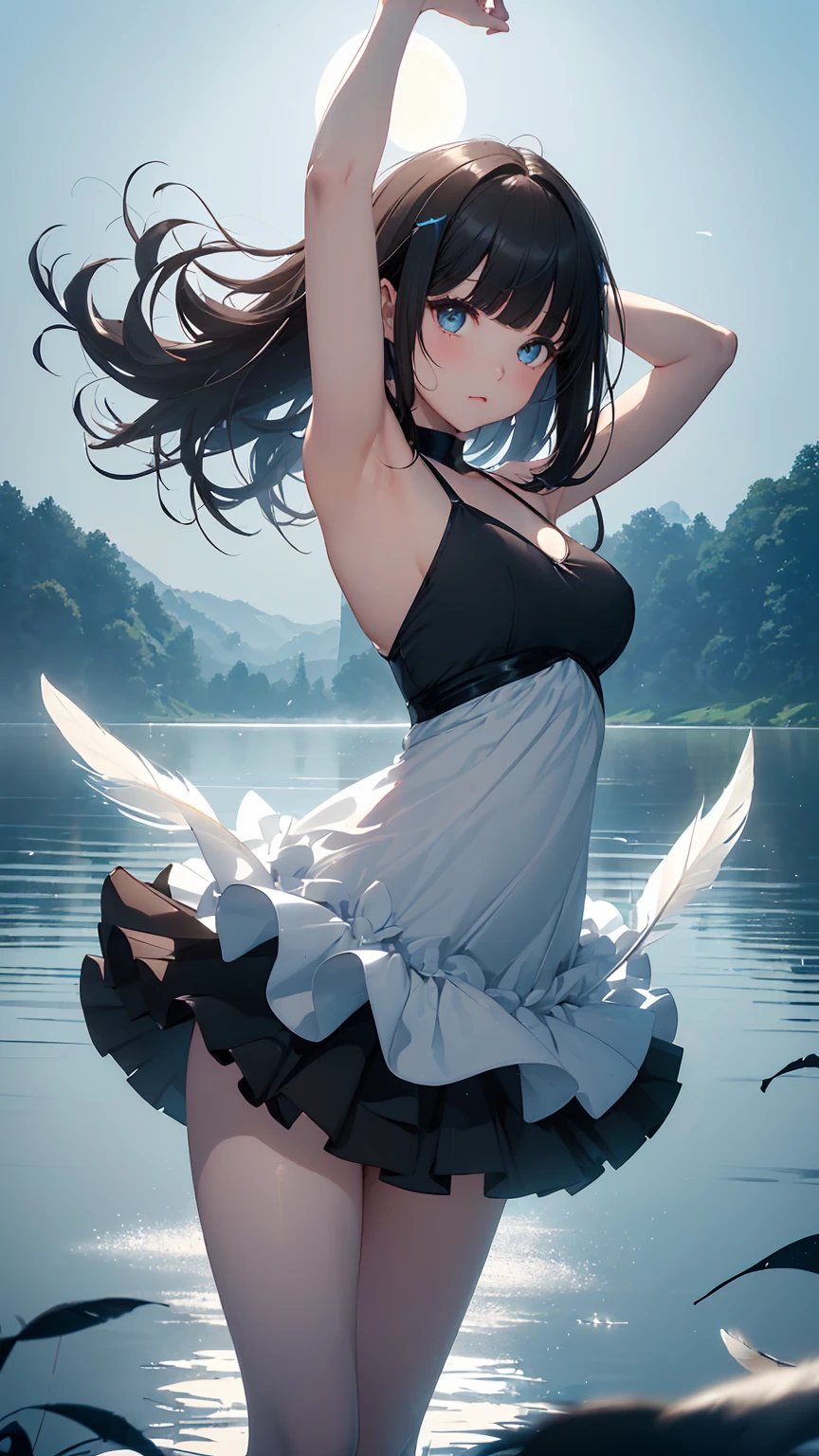 Highest quality, flying debris、Beautiful woman、Black Hair、(Dark blue eyes、Blunt bangs、Blunt bangs)、short hair,Full Body Shot、((Black and blue theme))、Big Breasts 、(Ballet Dancer、Tutu skirt:1.2)、(Brown Hair、Brown eyes)、Long Hair、Magazine Style,Full Body Shot、The lake of swan、break(Gorgeous white and light blue ballet dress:1.2)、break((The lake of swan:1.2))、((night、full moon、The fog is thick.:1.2)),((Standing on the surface of the water,Dancing in the middle of the lake:1.2))、BREAK((feathers scatter:1.2))BREAK((Screen is dark:1.2))、((Dark theme、Darkness Aura:1.3))、Big Breasts