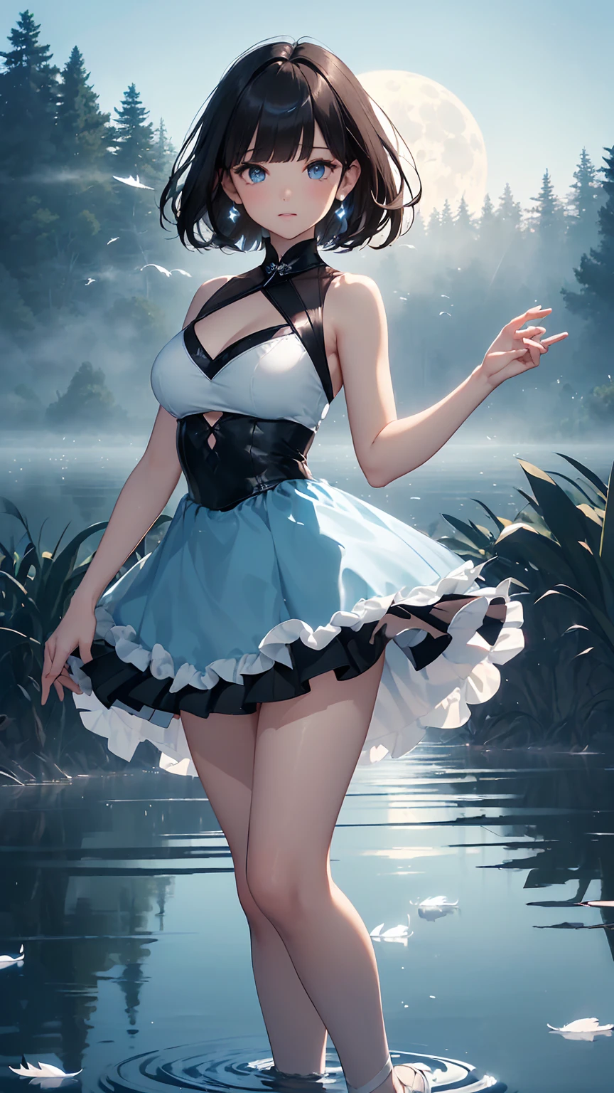 Highest quality, flying debris、Beautiful woman、Black Hair、(Dark blue eyes、Blunt bangs、Blunt bangs)、short hair,Full Body Shot、((Black and blue theme))、Big Breasts 、(Ballet Dancer、Tutu skirt:1.2)、(Brown Hair、Brown eyes)、Long Hair、Magazine Style,Full Body Shot、The lake of swan、break(Gorgeous white and light blue ballet dress:1.2)、break((The lake of swan:1.2))、((night、full moon、The fog is thick.:1.2)),((Standing on the surface of the water,Dancing in the middle of the lake:1.2))、BREAK((feathers scatter:1.2))BREAK((Screen is dark:1.2))、((Dark theme、Darkness Aura:1.3))、Big Breasts