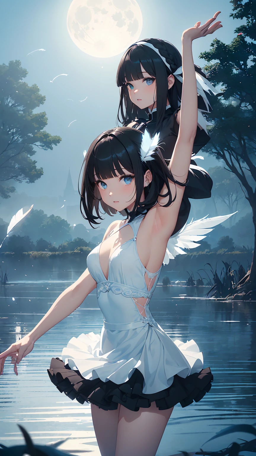 Highest quality, flying debris、Beautiful woman、Black Hair、(Dark blue eyes、Blunt bangs、Blunt bangs)、short hair,Full Body Shot、((Black and blue theme))、Big Breasts 、(Ballet Dancer、Tutu skirt:1.2)、(Brown Hair、Brown eyes)、Long Hair、Magazine Style,Full Body Shot、The lake of swan、break(Gorgeous white and light blue ballet dress:1.2)、break((The lake of swan:1.2))、((night、full moon、The fog is thick.:1.2)),((Standing on the surface of the water,Dancing in the middle of the lake:1.2))、BREAK((feathers scatter:1.2))BREAK((Screen is dark:1.2))、((Dark theme、Darkness Aura:1.3))、Big Breasts