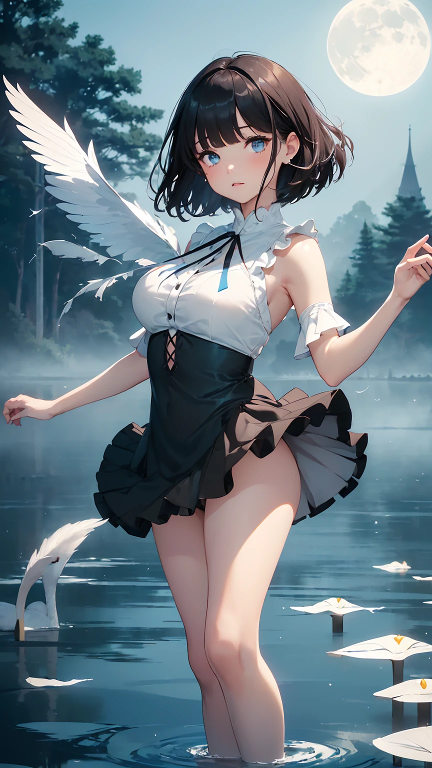 Highest quality, flying debris、Beautiful woman、Black Hair、(Dark blue eyes、Blunt bangs、Blunt bangs)、short hair,Full Body Shot、((Black and blue theme))、Big Breasts 、(Ballet Dancer、Tutu skirt:1.2)、(Brown Hair、Brown eyes)、Long Hair、Magazine Style,Full Body Shot、The lake of swan、break(Gorgeous white and light blue ballet dress:1.2)、break((The lake of swan:1.2))、((night、full moon、The fog is thick.:1.2)),((Standing on the surface of the water,Dancing in the middle of the lake:1.2))、BREAK((feathers scatter:1.2))BREAK((Screen is dark:1.2))、((Dark theme、Darkness Aura:1.3))、Big Breasts