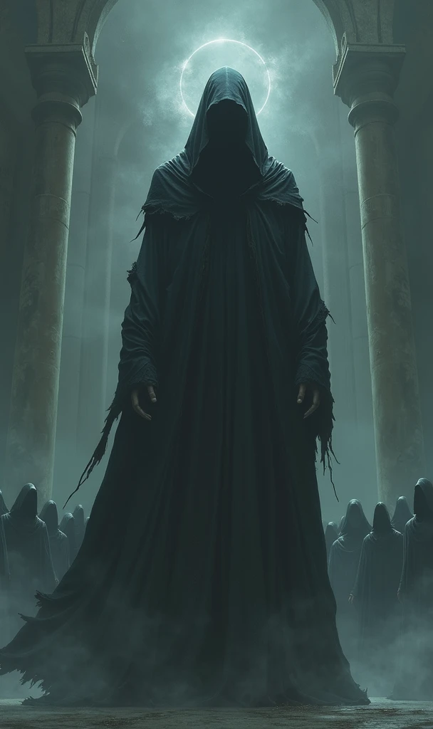 image of a man in a hooded outfit standing in front of a group of people, dark fantasy style art, dark hooded wraith, an ominous fantasy illustration, in style of dark fantasy art, dark fantasy concept art, dark concept art, gothic wraith maiden, female occultist, dark cinematic concept art, dark fantasy illustration, dark fantasy art