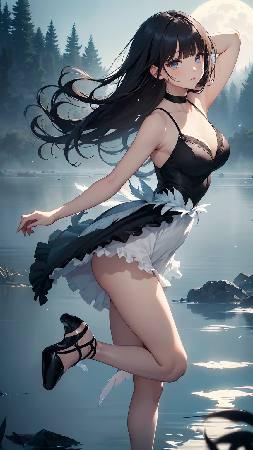 Highest quality, flying debris、Beautiful woman、Black Hair、(Dark blue eyes、Blunt bangs、Blunt bangs)、short hair,Full Body Shot、((Black and blue theme))、Big Breasts 、(Ballet Dancer、Tutu skirt:1.2)、(Brown Hair、Brown eyes)、Long Hair、Magazine Style,Full Body Shot、The lake of swan、break(Gorgeous white and light blue ballet dress:1.2)、break((The lake of swan:1.2))、((night、full moon、The fog is thick.:1.2)),((Standing on the surface of the water,Dancing in the middle of the lake:1.2))、BREAK((feathers scatter:1.2))BREAK((Screen is dark:1.2))、((Dark theme、Darkness Aura:1.3))、Big Breasts