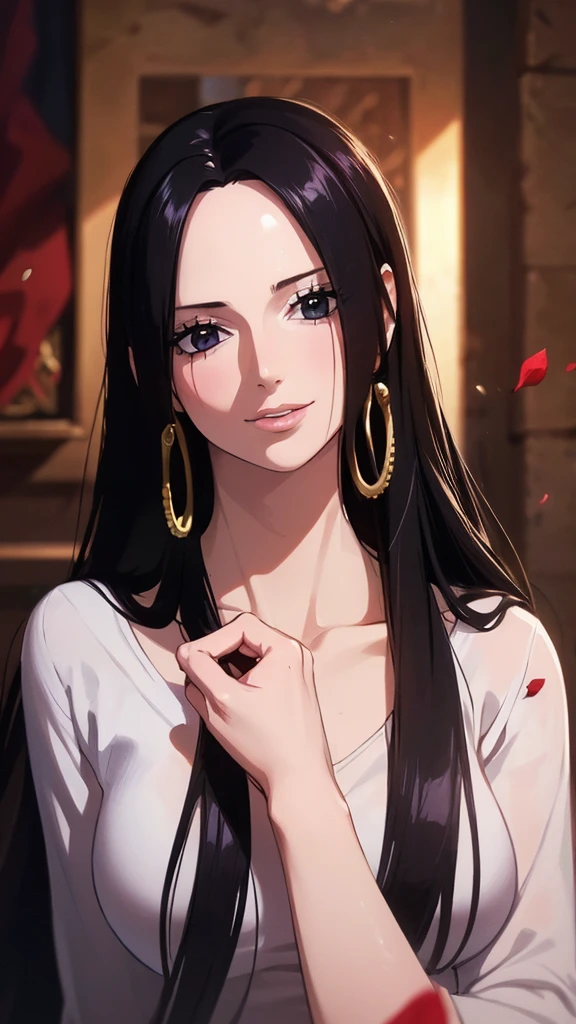 best quality, masterpiece, highly detailed,1girl,  ((rose)), (vine), cage, bandage, red rope, (detail light), falling rose petals, Boa Hancock,, (masterpiece:1.5), Detailed Photo, Smiling,(8K, Photorealistic, Best Quality: 1.4), (1girl), Beautiful Face, (anime realistic Face), (Black Hair, long Hair: 1.3), Beautiful Hairstyle, Realistic eyes, beautiful detail eyes, (realistic skin), beautiful skin, (sweater), absurd, attractive, ultra high resolution, ultra realistic, high definition, golden ratio,