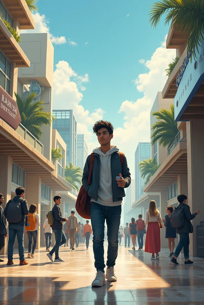 International Setting: Ravi abroad, surrounded by diverse people and modern educational facilities. He is engaged in advanced studies, showing his progress and adaptation to a new culture.