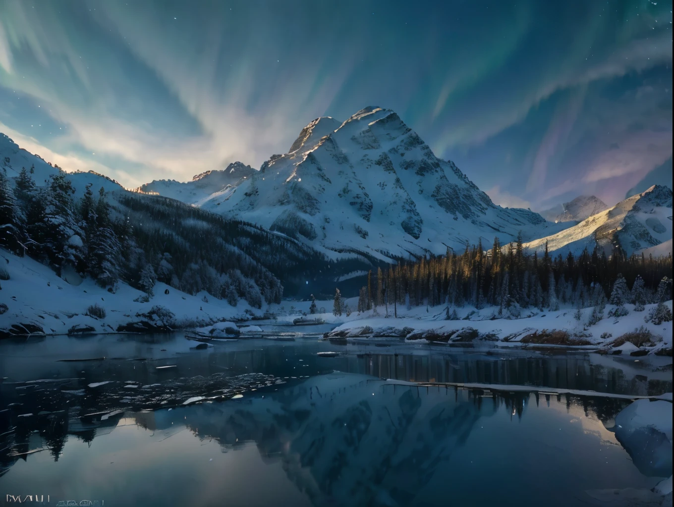a stunning fantasy landscape, rolling snowy hills, towering snow-capped mountains, a frozen lake reflecting the aurora borealis, tall pine trees, detailed ice crystals, magical northern lights, serene atmosphere, cinematic lighting, vibrant colors, photorealistic, (best quality,8k,UHD,ultra-detailed,(realistic,photorealistic,photo-realistic:1.37),masterpiece:1.2),concept art
