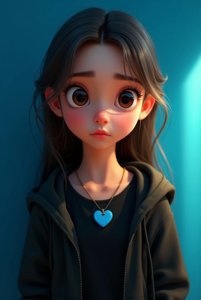 a girl with black t-shirt and hood, long straight hair, big eyes, small blue heart necklace, bright blue heart background, disney style, highly detailed, photorealistic, 8k, cinematic lighting, warm color palette, masterpiece