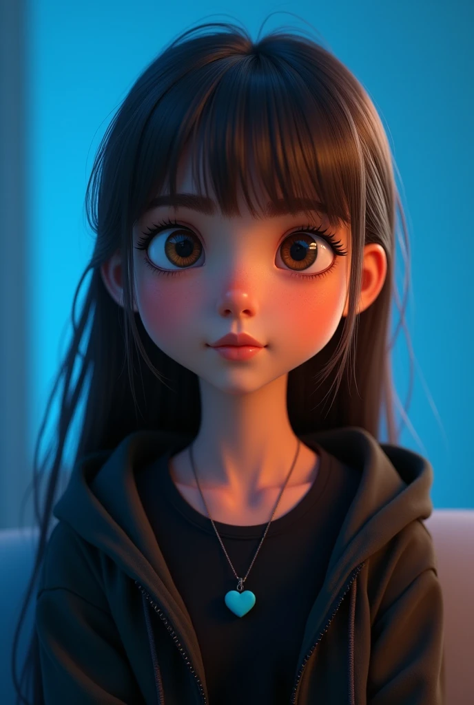 a girl with black t-shirt and hood, long straight hair, big eyes, small blue heart necklace, bright blue heart background, disney style, highly detailed, photorealistic, 8k, cinematic lighting, warm color palette, masterpiece