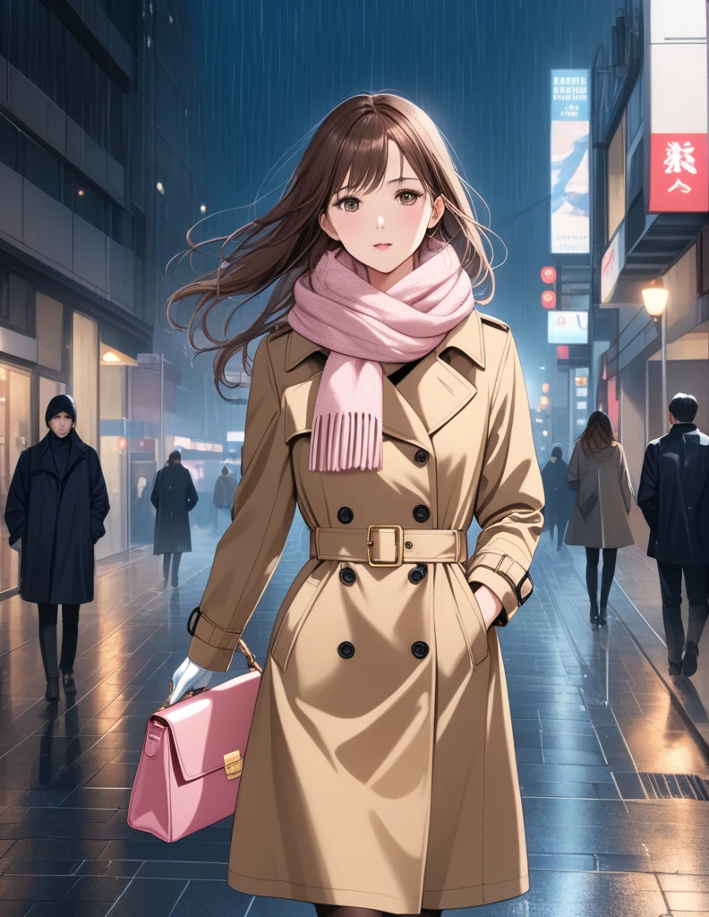 Masterpiece, hd, 1girl with long brown hair wearing a fully buttoned up closed and beige belted buckle knee-length trench coat with a tucked up large pink winter wool scarf and white gloves carrying her large pink purse blown by the hard wind at the hard rainy night city street full body 8k)