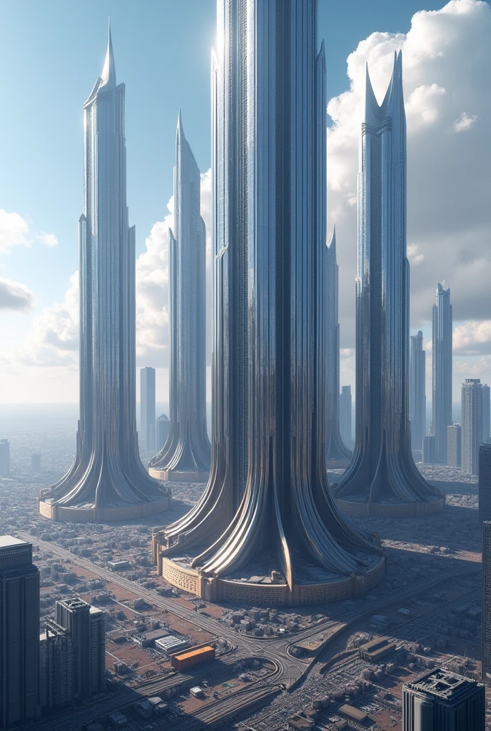 A cluster of metallic skyscrapers