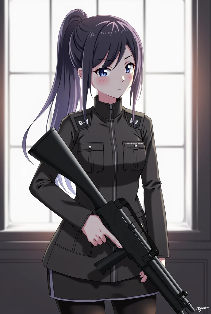 girl in uniform holding a gun and looking out a window, (ponytail forehead hair pulled back:1.3), (black hair:1.3), anime style, from girls frontline, fine details. girls frontline, girls frontline universe, girls frontline style, girls frontline, girls frontline cg, 2 0 2 2 anime style, 2022 anime style, pixiv contest winner, concept art 2022, with rifle, door gunner,