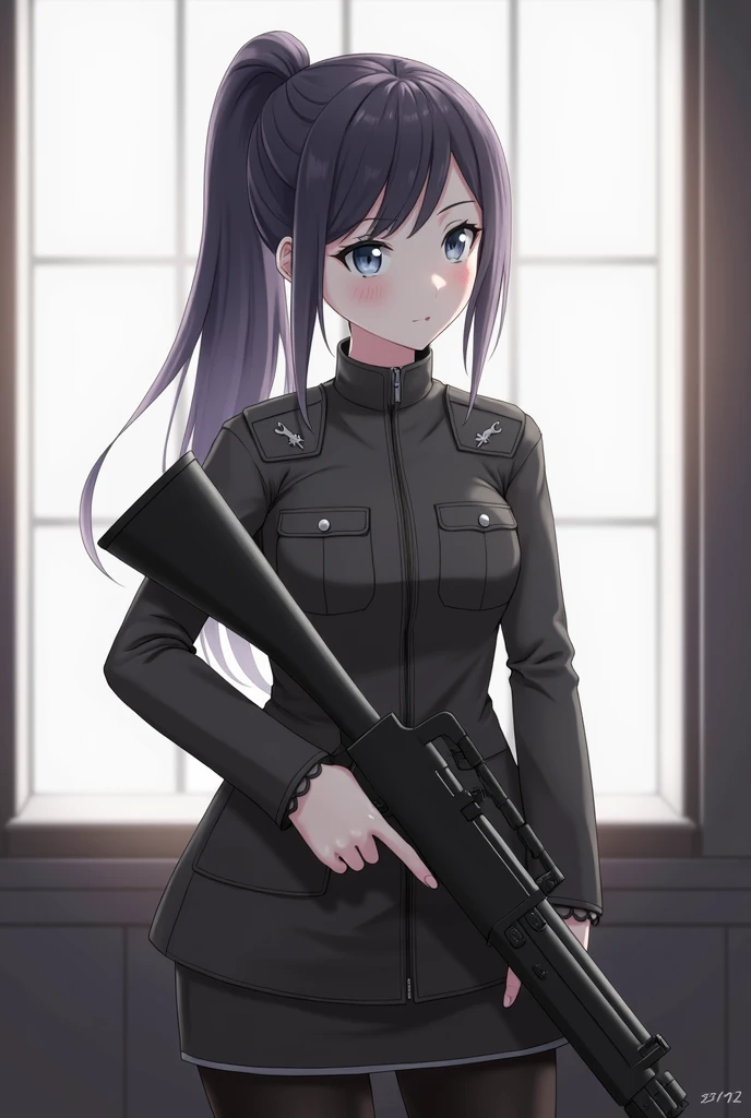 girl in uniform holding a gun and looking out a window, (ponytail forehead hair pulled back:1.3), (black hair:1.3), anime style, from girls frontline, fine details. girls frontline, girls frontline universe, girls frontline style, girls frontline, girls frontline cg, 2 0 2 2 anime style, 2022 anime style, pixiv contest winner, concept art 2022, with rifle, door gunner,