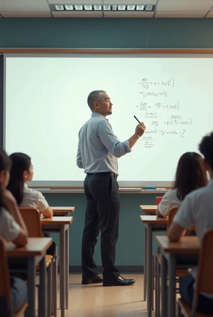 A teacher write on whiteeboard in a class room