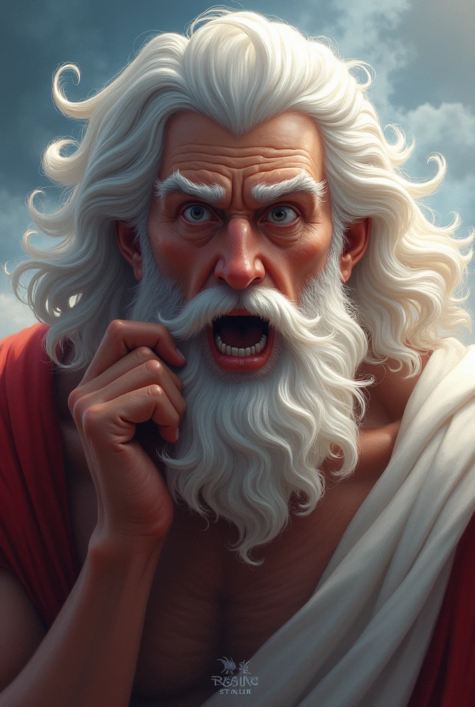 Zeus with white hair, with a surprised face and his hand on his cheek