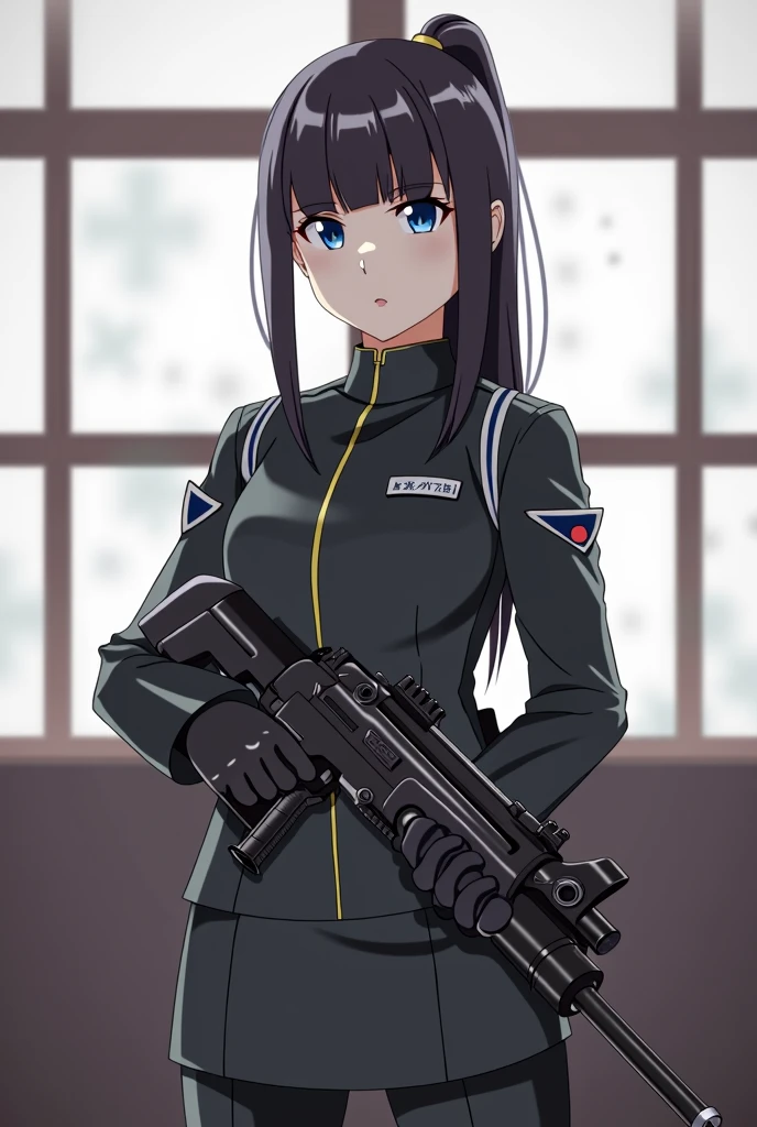 girl in uniform holding a gun and looking out a window, (ponytail forehead hair pulled back:1.3), (black hair:1.3), anime style, from girls frontline, fine details. girls frontline, girls frontline universe, girls frontline style, girls frontline, girls frontline cg, 2 0 2 2 anime style, 2022 anime style, pixiv contest winner, concept art 2022, with rifle, door gunner, 