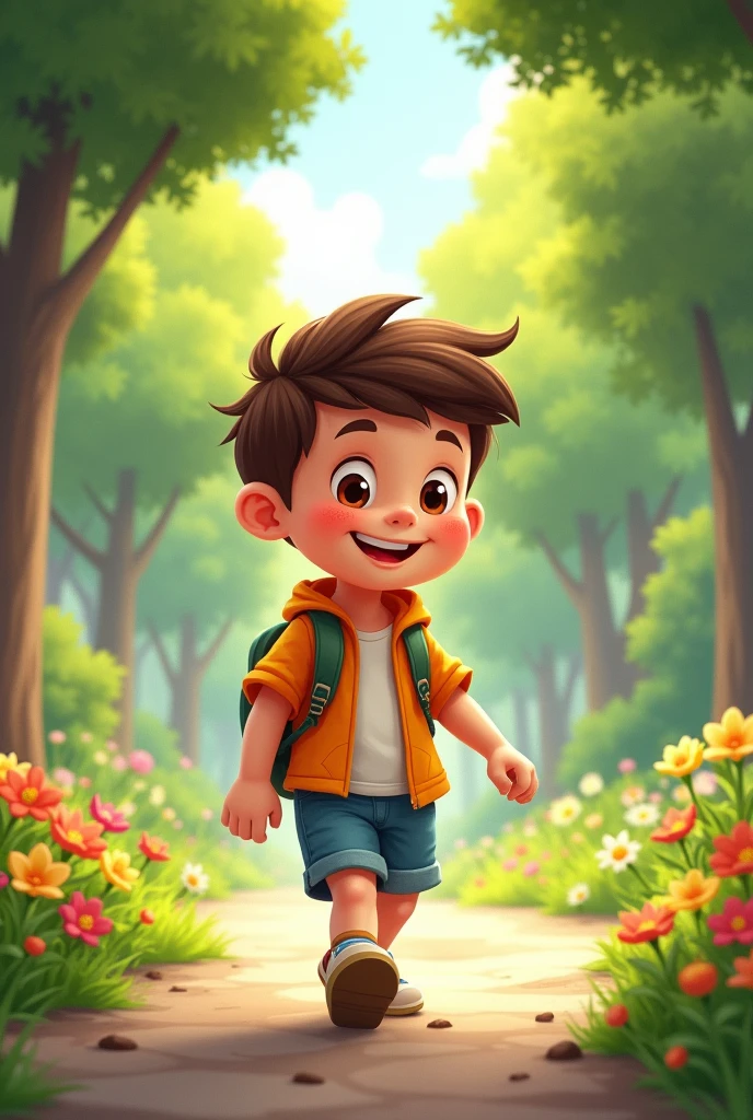 A young cartoon boy strolling in a park