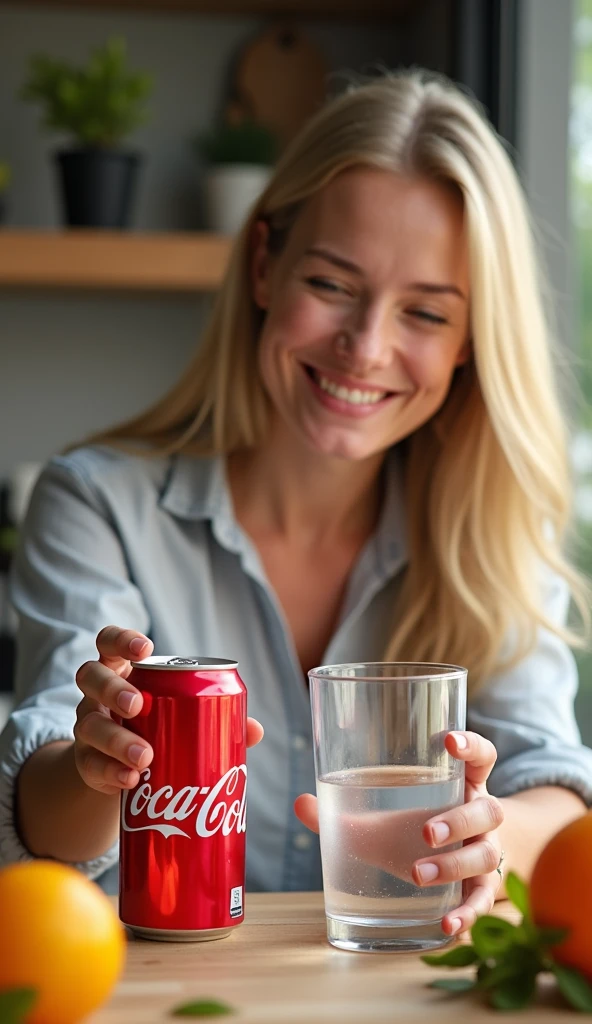The person puts down a can of Coca-Cola and picks up a glass of water, smiling with relief. Various healthy drinks like water, green tea, and fresh juice appear on the screen